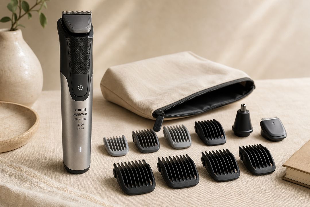 Philips Norelco All-in-One 3000 multigroomer with its attachments and travel pouch